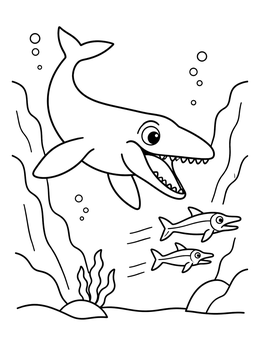 Free printable Friendly Mosasaurus Chasing Little Fish coloring page