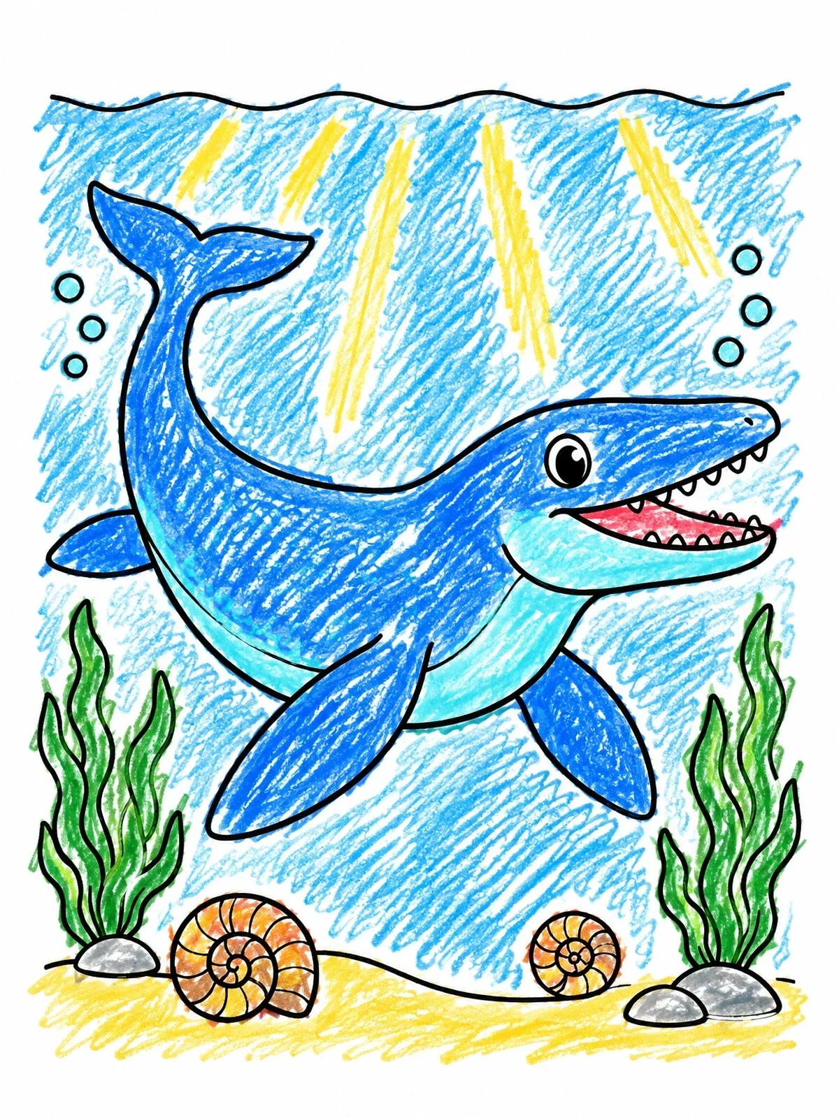 Colored example of the Friendly Mosasaurus In The Shallow Sea coloring page