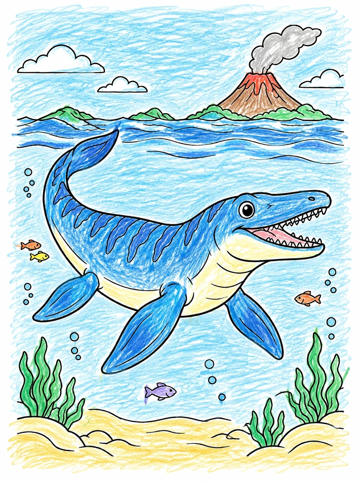 Colored example of the Friendly Mosasaurus In Prehistoric Ocean coloring page