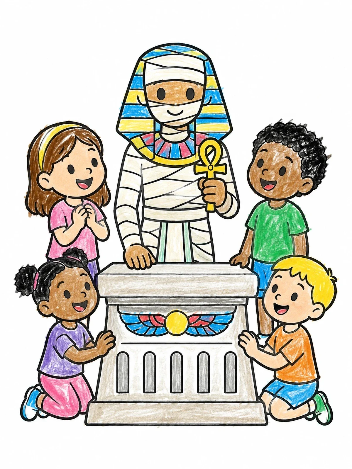 Colored example of the Friendly Mummy And Curious Children coloring page