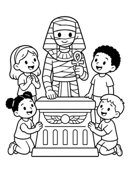 Kids gather around a stone altar with a mummy coloring page.