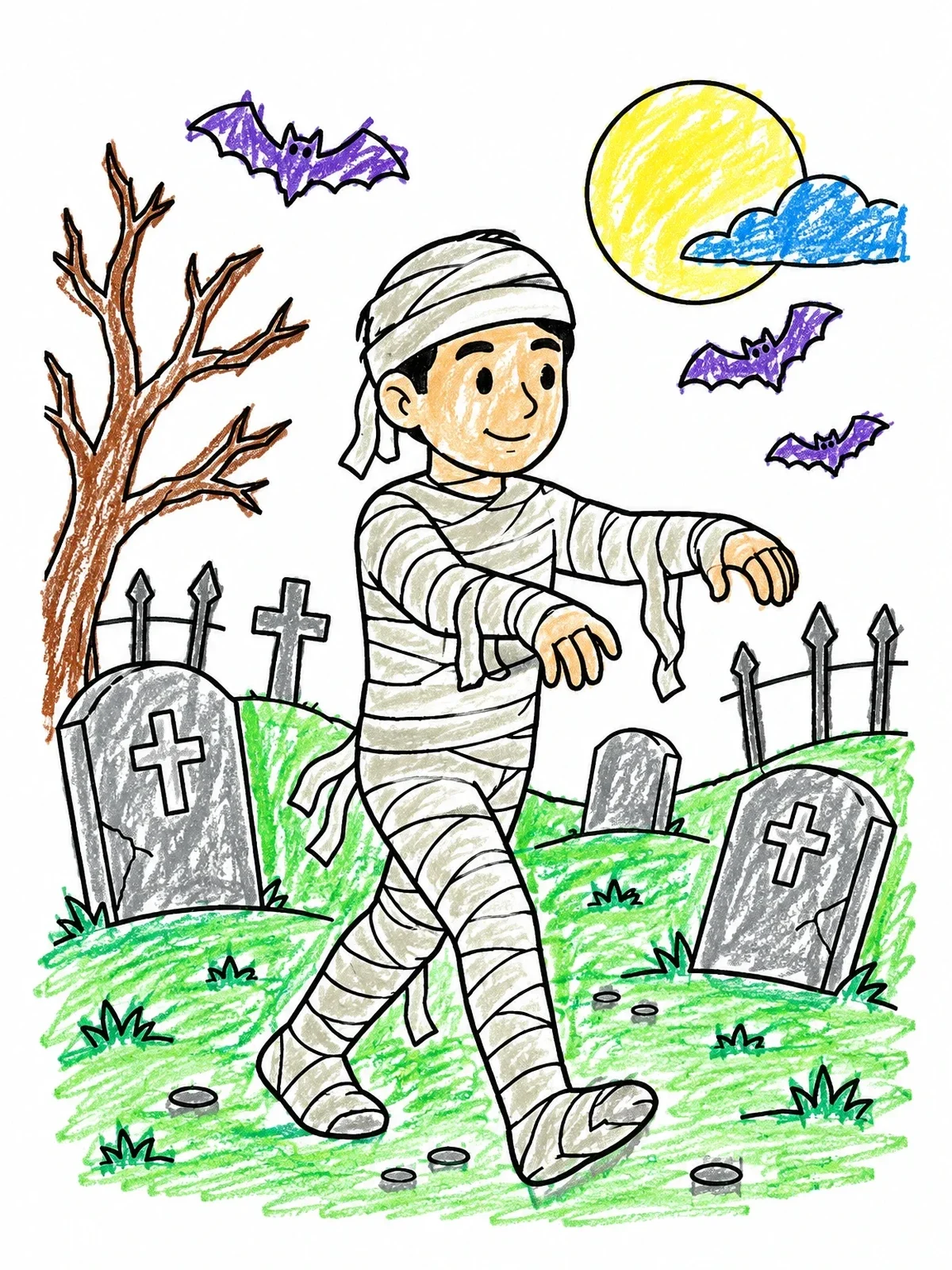 Colored example of the Friendly Mummy In A Graveyard coloring page