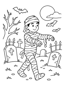 A friendly mummy coloring page showing a wrapped figure strolling past tombstones under a full moon.