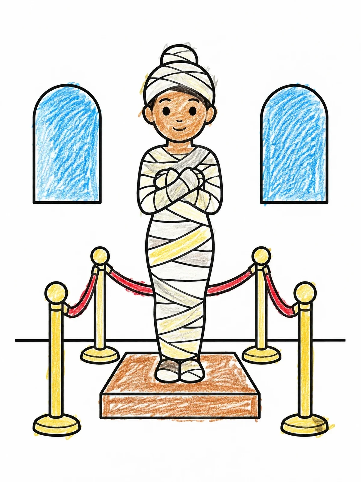 Colored example of the Friendly Mummy In Museum Exhibit coloring page