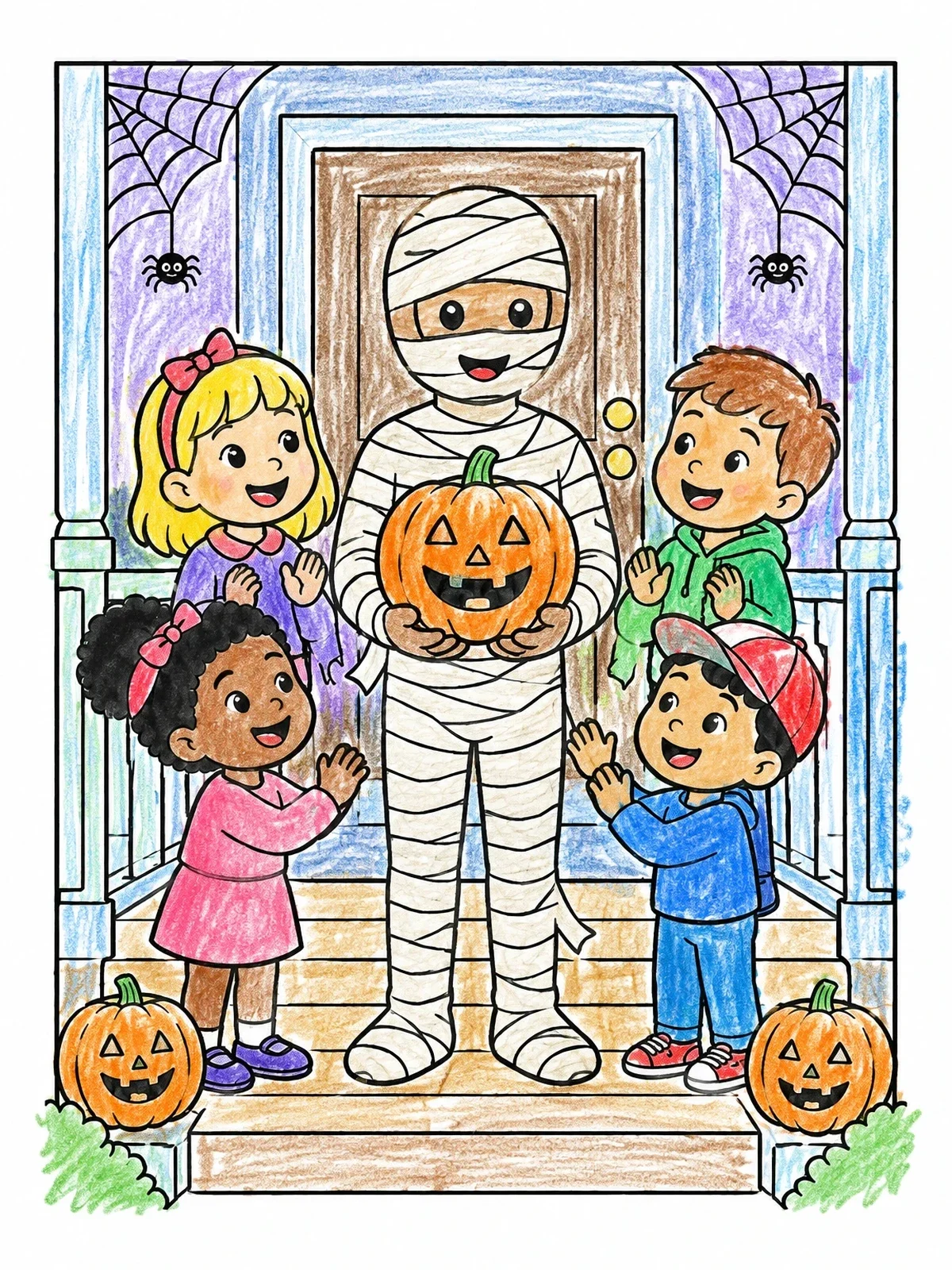Colored example of the Friendly Mummy With Jack O' Lantern And Children coloring page