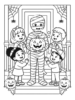 A friendly mummy holding a carved pumpkin surrounded by happy children in this mummy coloring page.