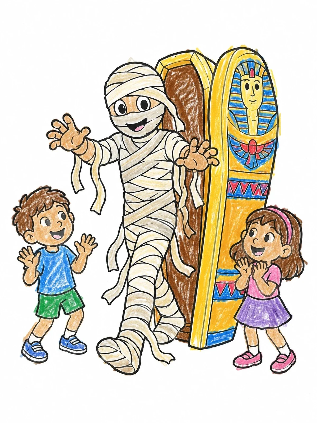 Colored example of the Friendly Mummy Stepping From Sarcophagus coloring page