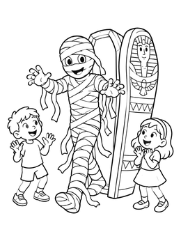 Free printable Friendly Mummy Stepping From Sarcophagus coloring page