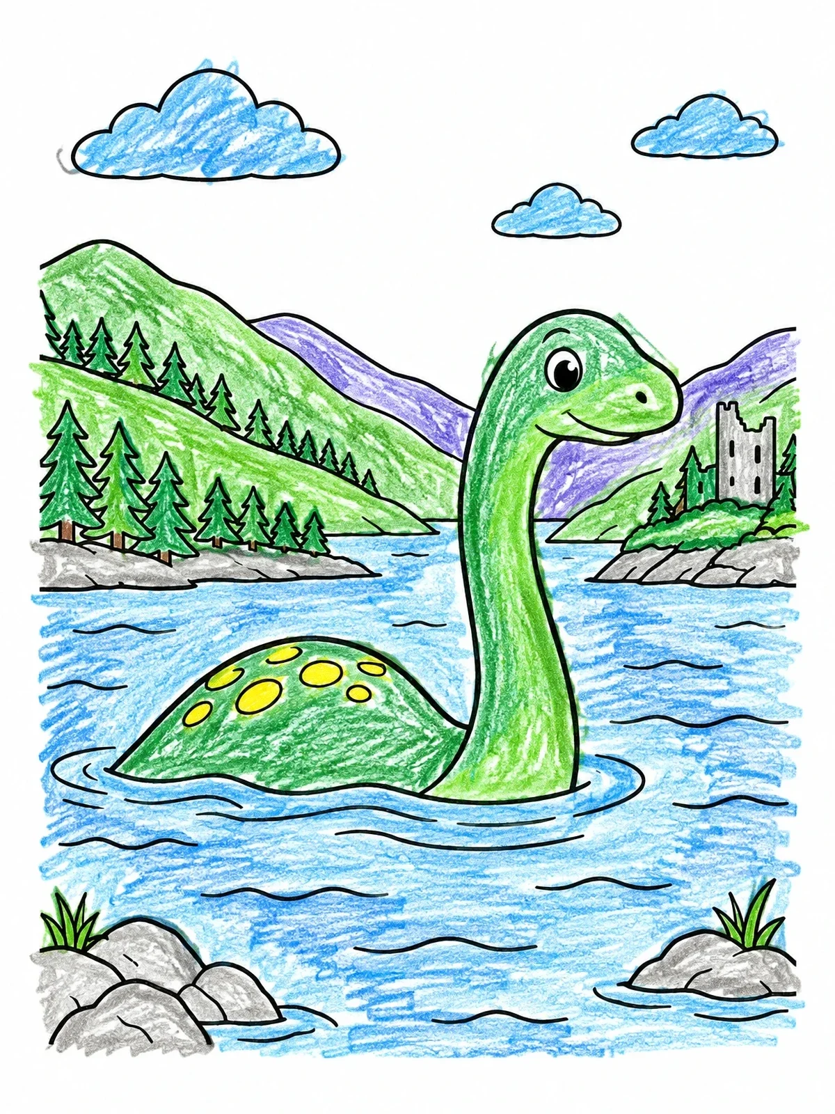 Colored example of the Friendly Nessie In Loch Ness coloring page