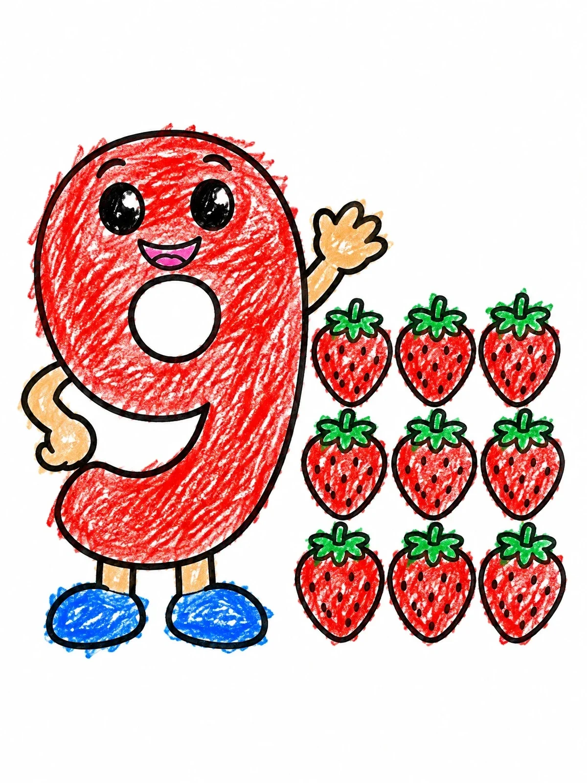 Colored example of the Friendly Number Nine And Strawberries coloring page