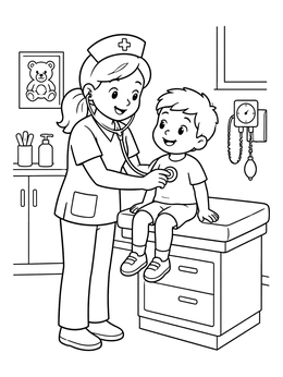 Free printable Friendly Nurse Examining A Young Patient coloring page