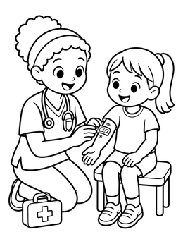 Free printable Friendly Nurse Helping A Young Student coloring page