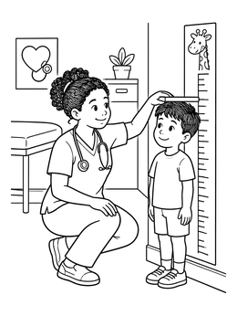 Free printable Friendly Nurse Measuring A Boy's Height coloring page
