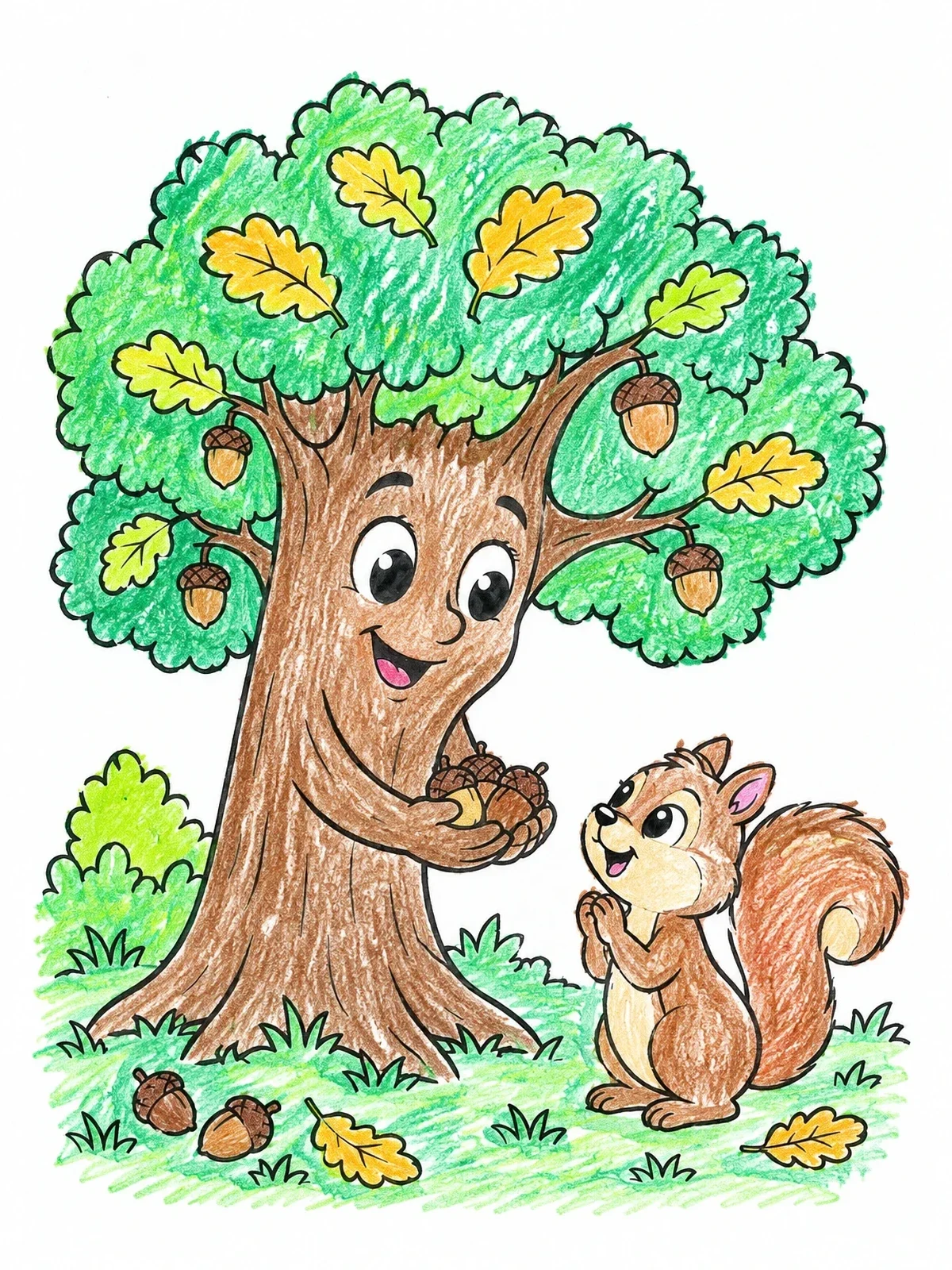Colored example of the Friendly Oak Tree And Little Squirrel coloring page