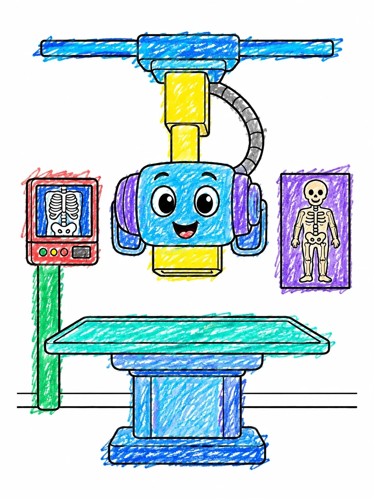 Colored example of the Friendly Overhead X Ray Machine coloring page