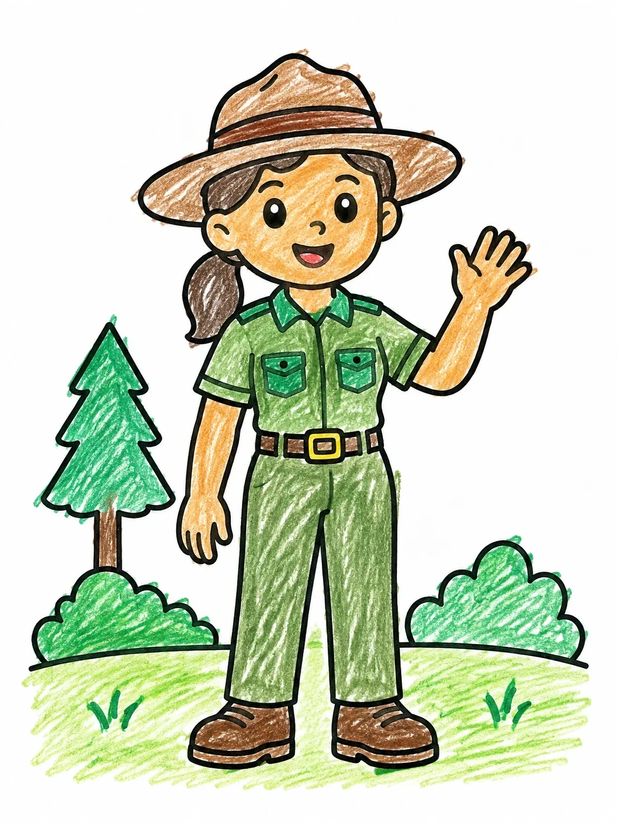 Colored example of the Friendly Park Ranger Waving Hand coloring page