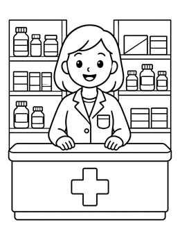 Free printable Friendly Pharmacist At The Counter coloring page
