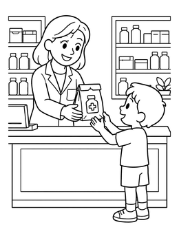 Free printable Friendly Pharmacist Handing Medicine To A Boy coloring page