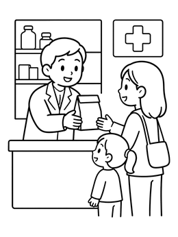 Free printable Friendly Pharmacist Helping Mother And Child coloring page