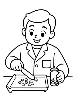 Free printable Friendly Pharmacist Sorting Round Medicine Tablets coloring page