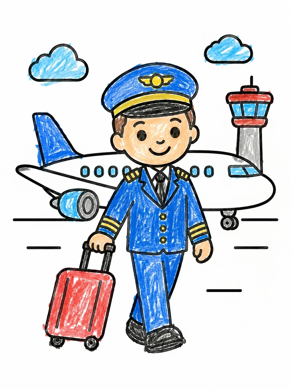 Colored example of the Friendly Pilot With Airport Suitcase coloring page