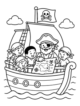 A cheerful captain shows kids a map in this pirate ship coloring page.
