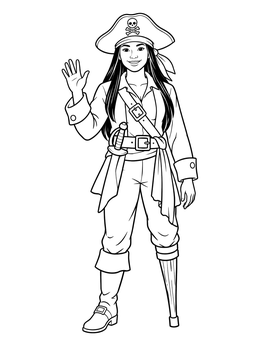 A friendly pirate coloring page featuring a smiling woman with a peg leg waving hello.