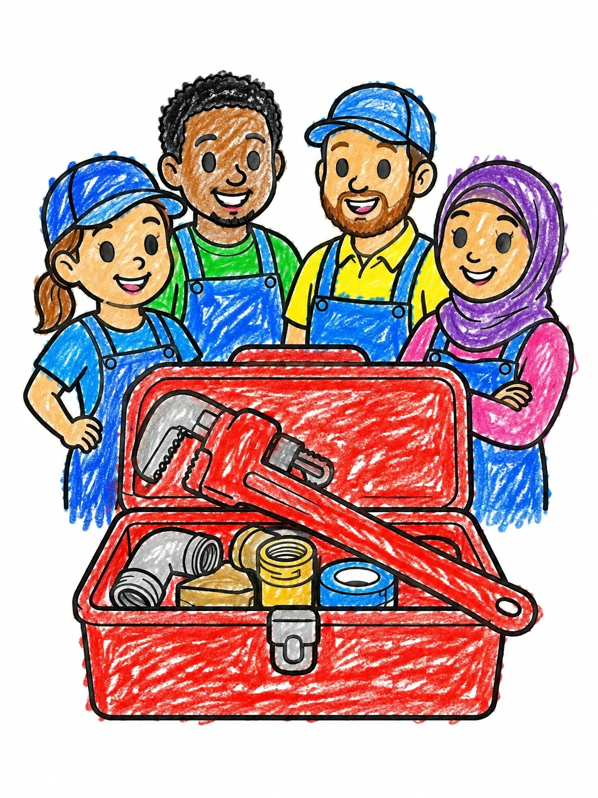 Colored example of the Friendly Plumber Team And Toolbox coloring page