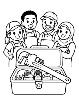Free printable Friendly Plumber Team And Toolbox coloring page