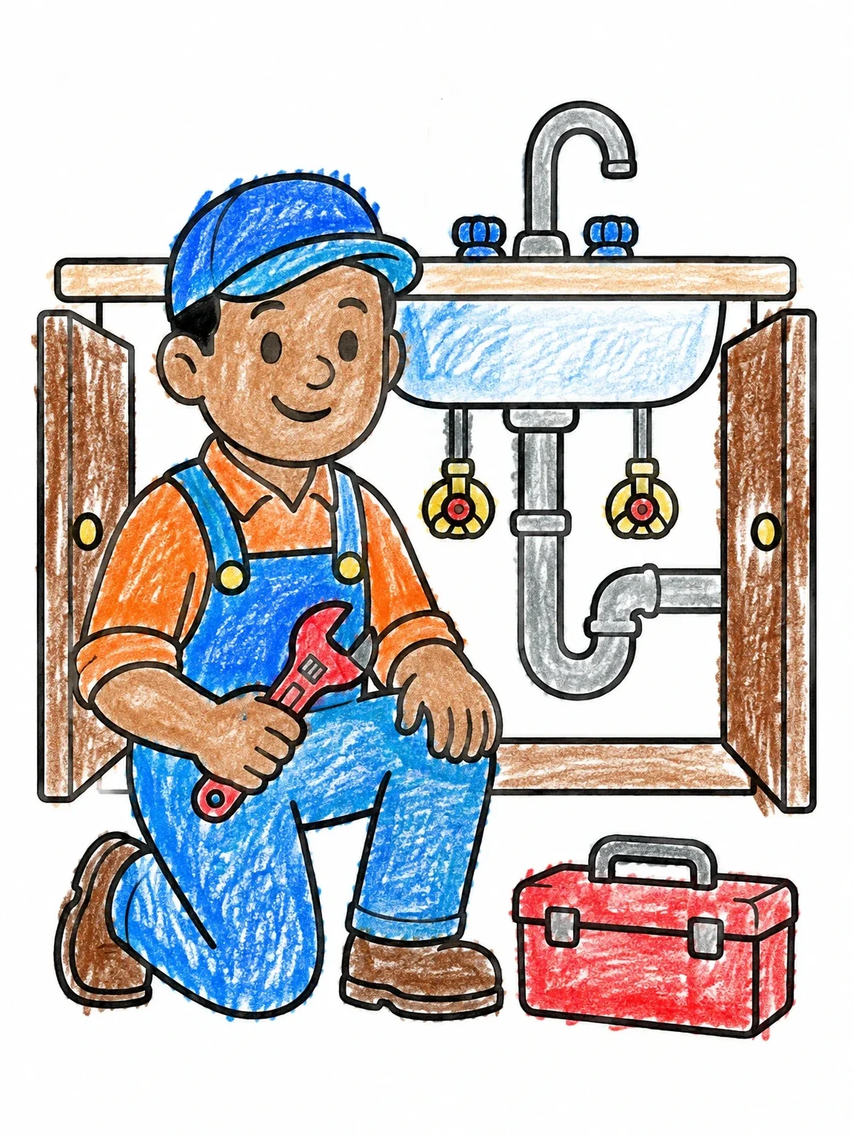 Colored example of the Friendly Plumber By The Sink coloring page
