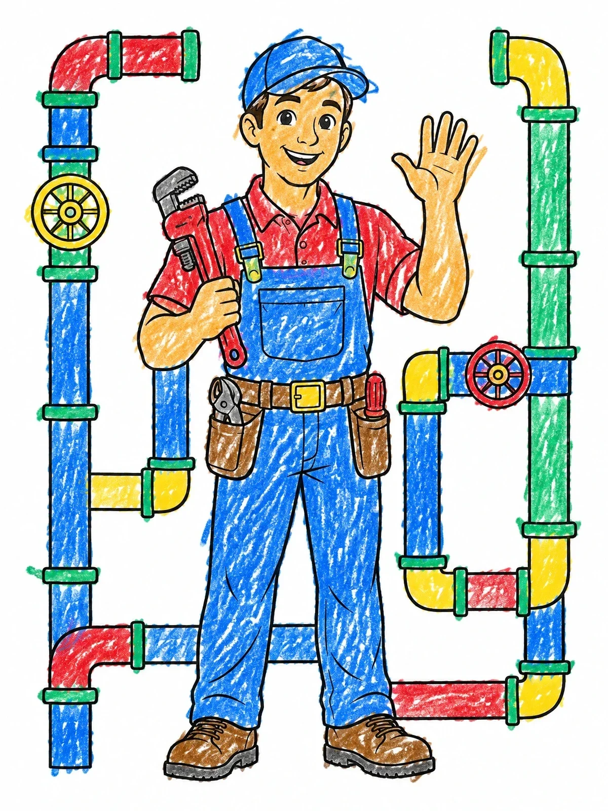 Colored example of the Friendly Plumber With Wrench And Pipes coloring page