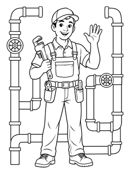 Free printable Friendly Plumber With Wrench And Pipes coloring page