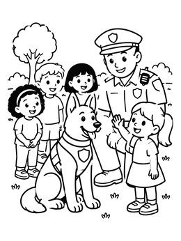 Children meet an officer and friendly partner in this police dog coloring page.