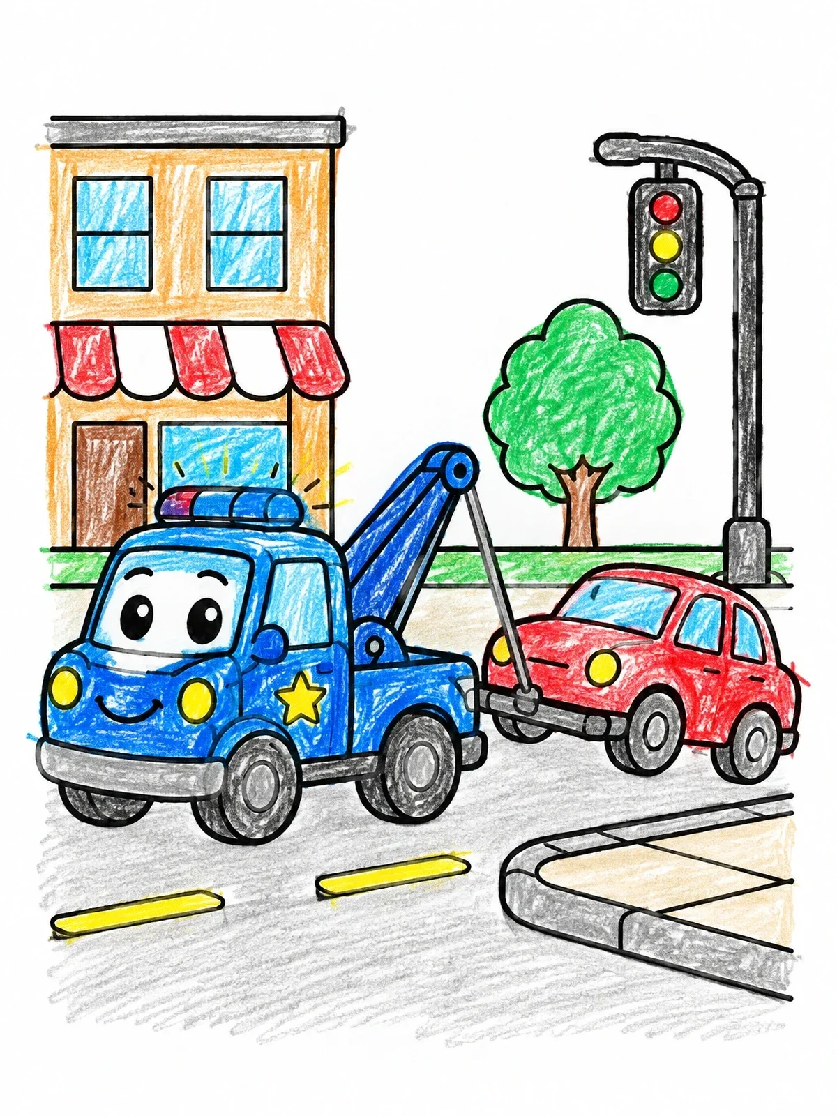 Colored example of the Friendly Police Tow Truck In Town coloring page