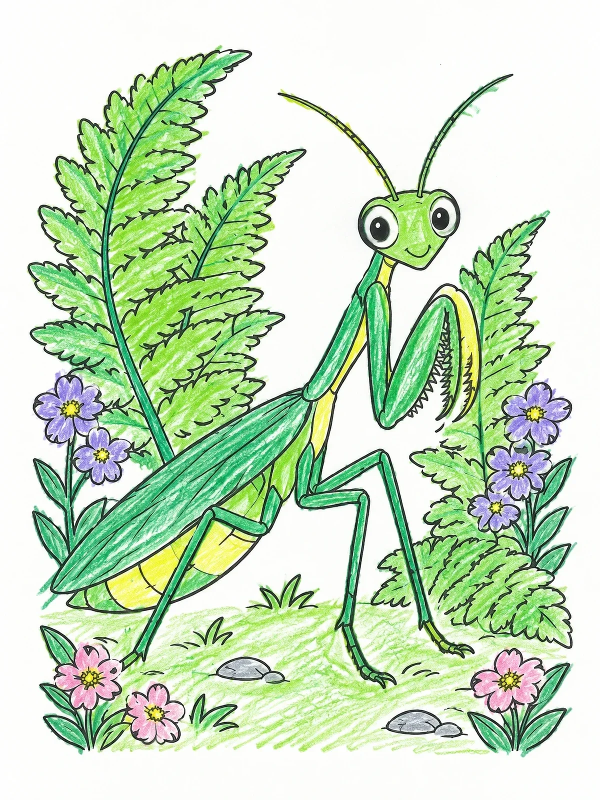 Colored example of the Friendly Praying Mantis In Fern Garden coloring page