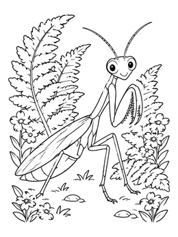 Free printable Friendly Praying Mantis In Fern Garden coloring page