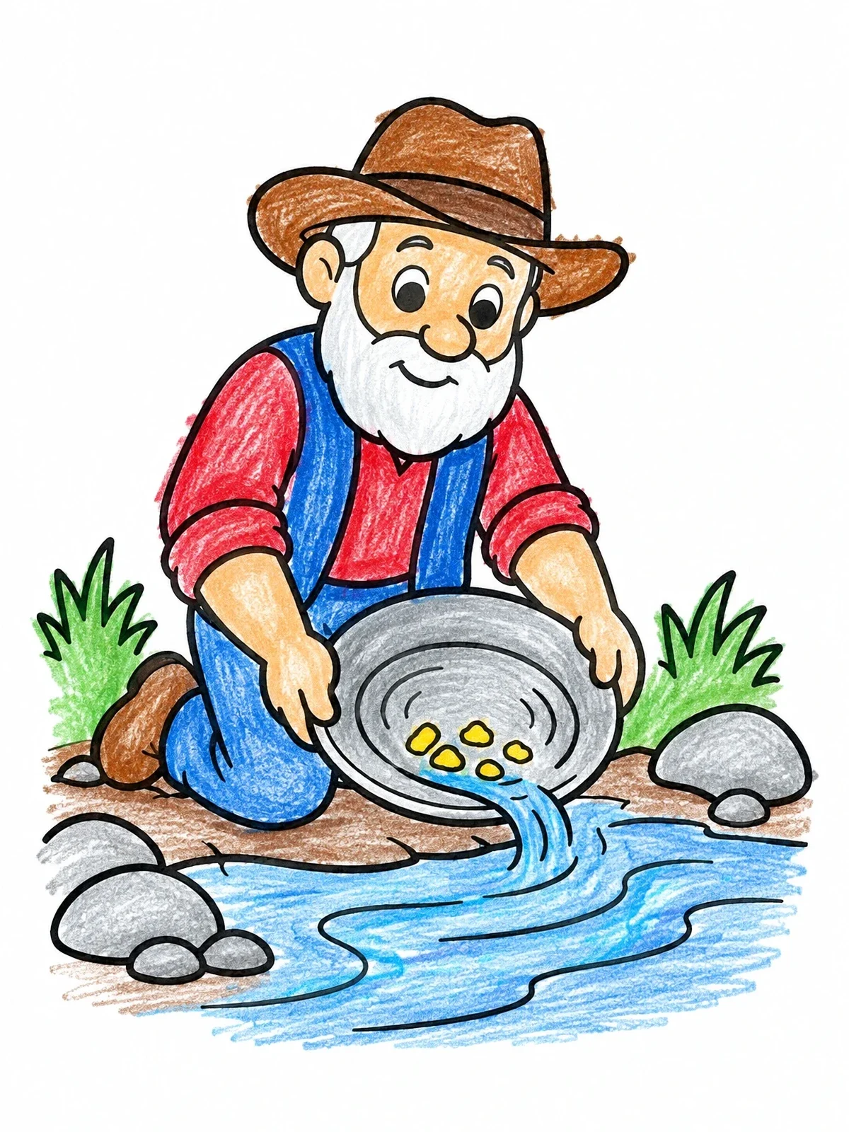 Colored example of the Friendly Prospector Panning For Gold coloring page