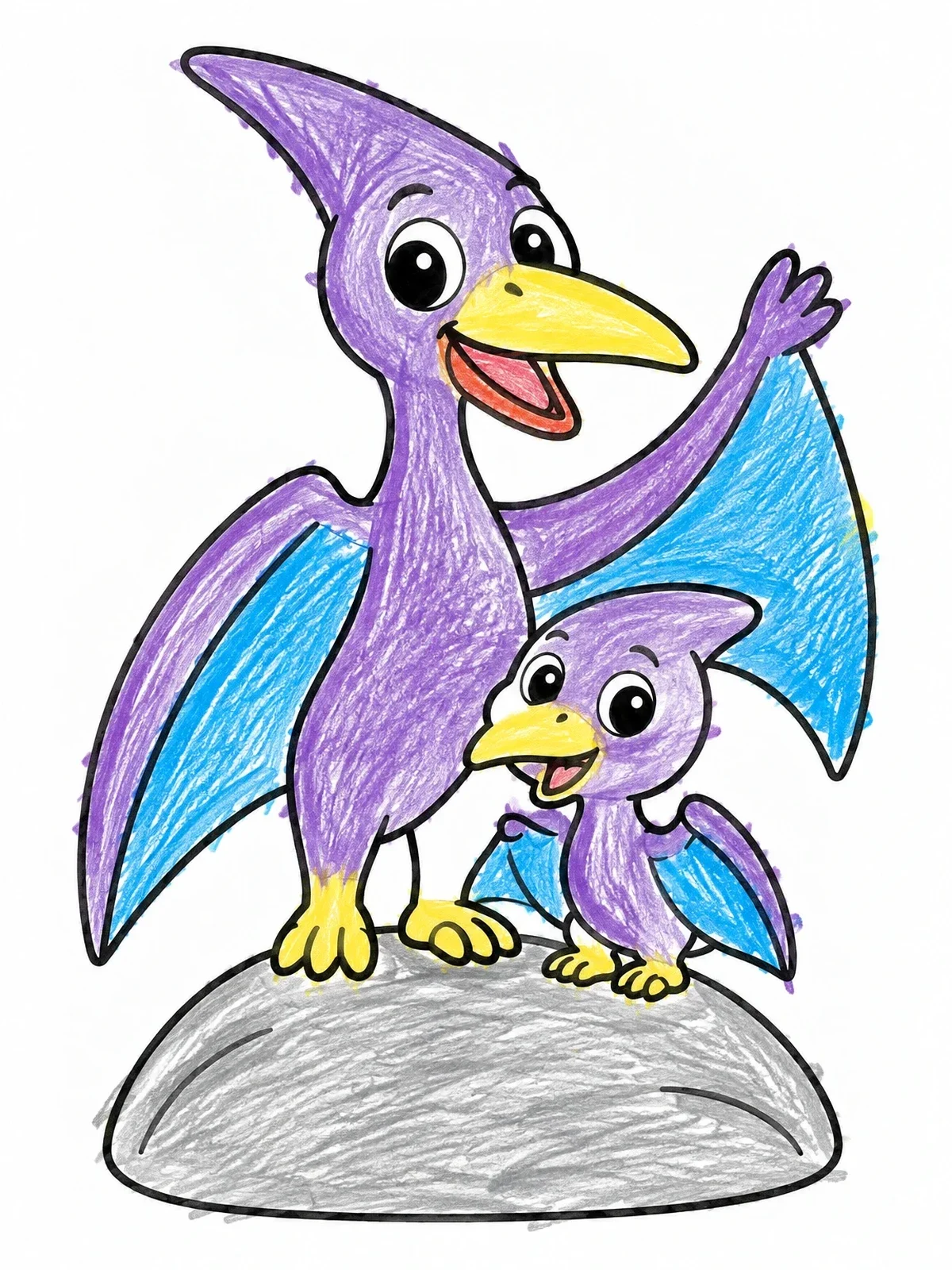 Colored example of the Friendly Pterodactyl And Baby On A Rock coloring page