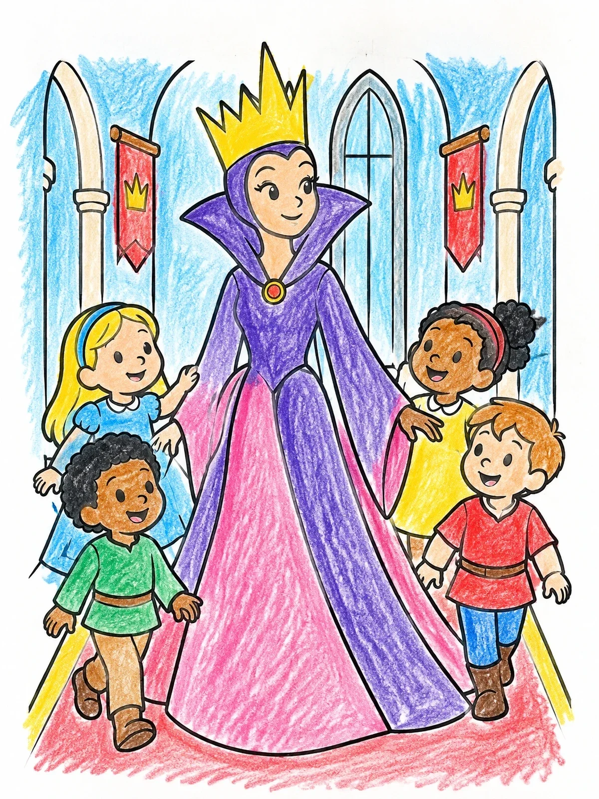Colored example of the Friendly Queen With Happy Castle Children coloring page