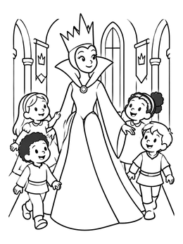 A queen coloring page showing a smiling monarch walking through castle halls surrounded by happy children.