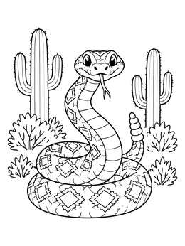 A friendly coiled rattlesnake coloring page set in a desert with saguaro cacti.