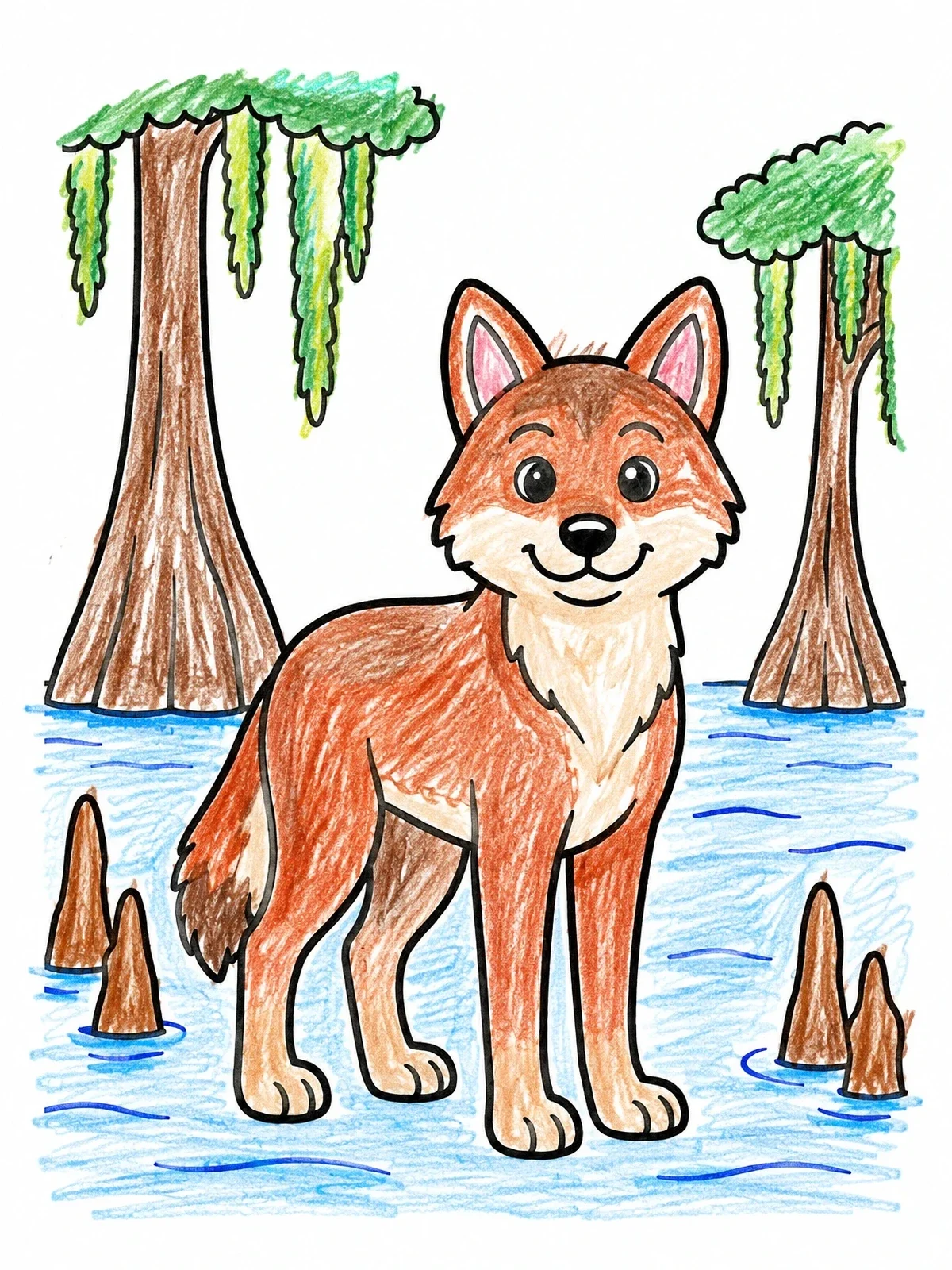 Colored example of the Friendly Red Wolf In The Swamp coloring page