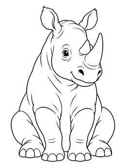 A cute rhinoceros coloring page showing a friendly young rhino sitting quietly.