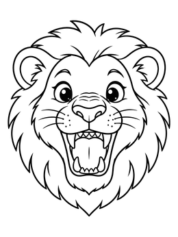 A cartoon roaring lion coloring page featuring clear outlines and a smiling expression.