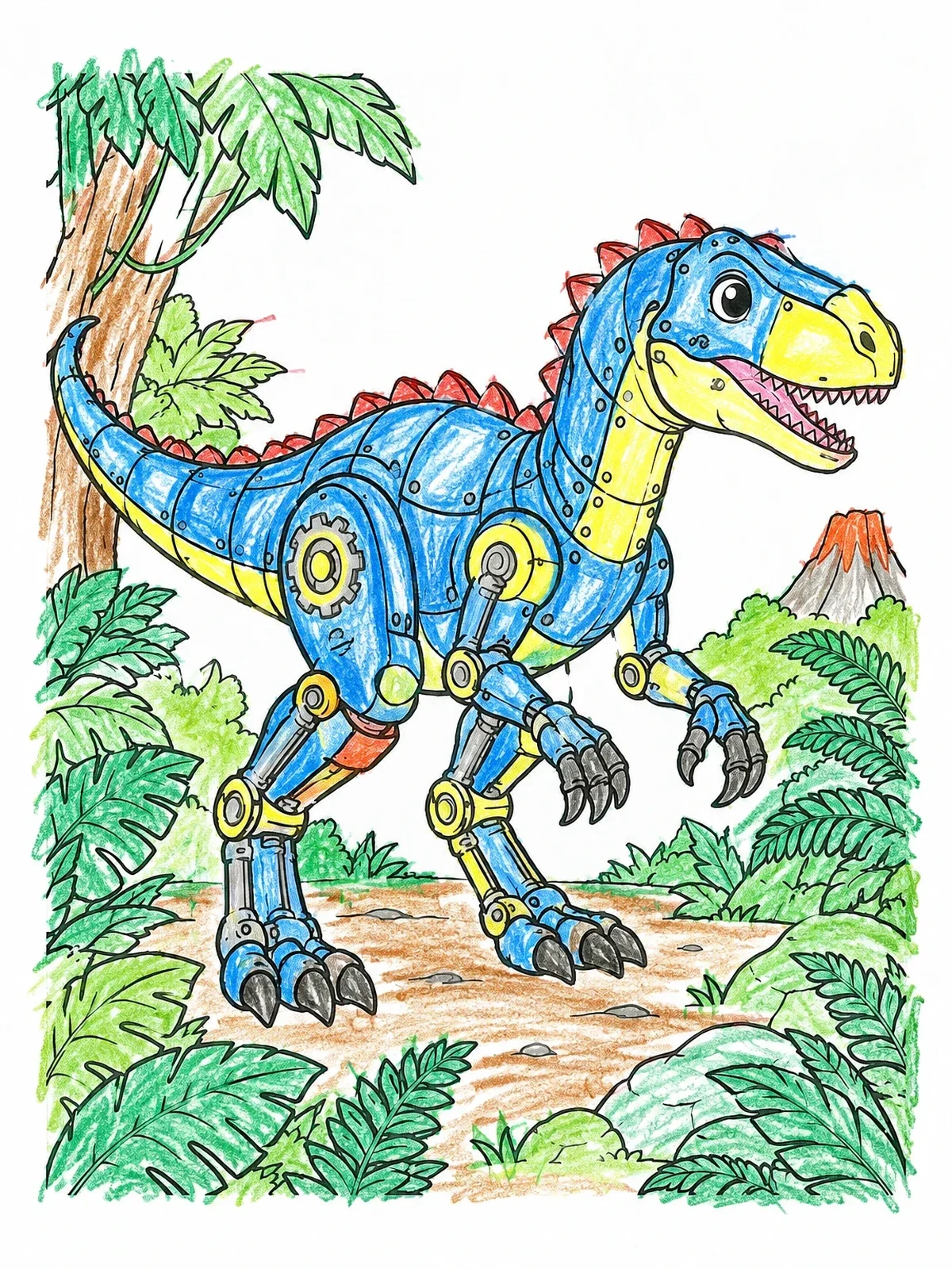 Colored example of the Friendly Robot Allosaurus In The Jungle coloring page