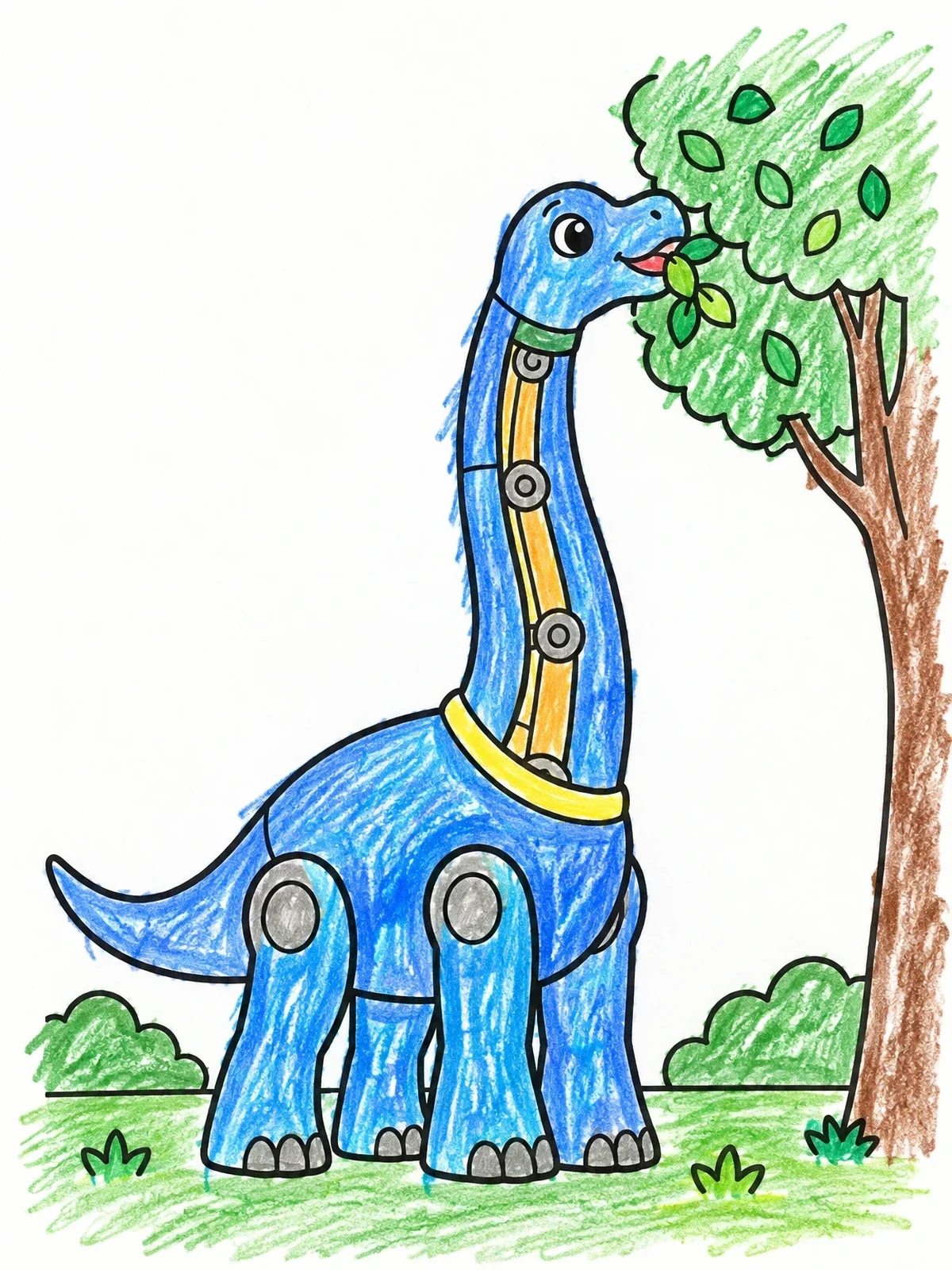 Colored example of the Friendly Robot Brachiosaurus Munching Leaves coloring page