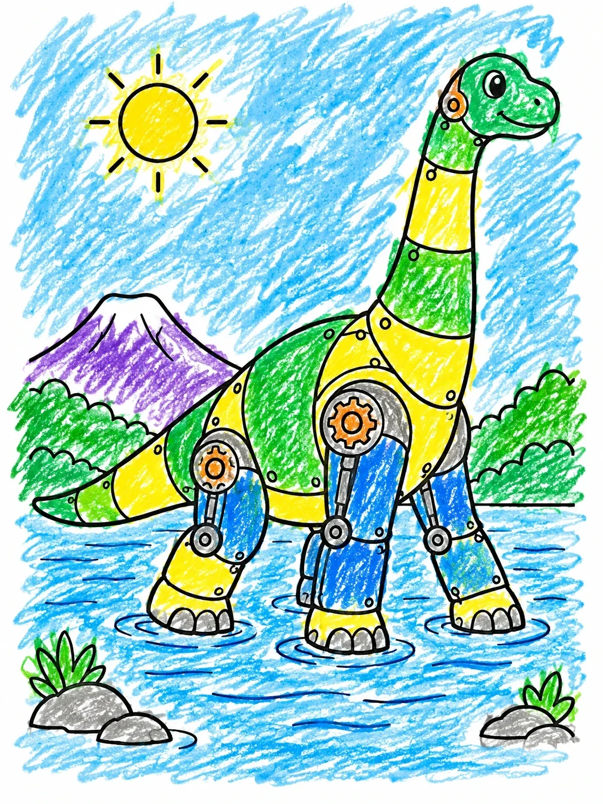 Colored example of the Friendly Robot Brachiosaurus In River coloring page
