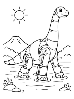 Free printable Friendly Robot Brachiosaurus In River coloring page