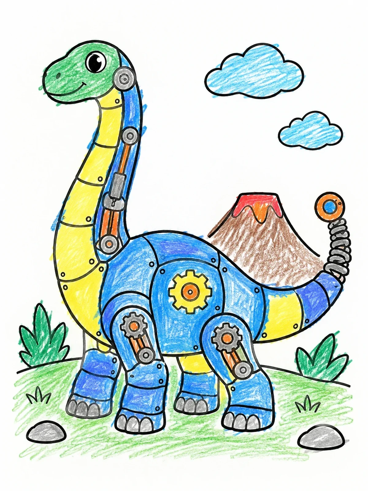 Colored example of the Friendly Robot Brontosaurus With Gears coloring page