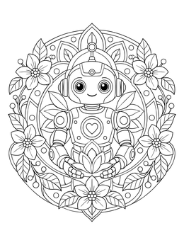 A friendly robot mandala coloring page framed by blossoming flowers and leaves.